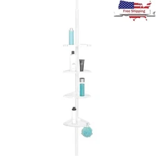 Rust Proof Aluminum Tension Shower Pole Caddy Adjustable ABS Shelves Organizer