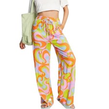 Retro 60s 70s Pattern Psychedelic Colorful Swirl Wide Leg Pull On Pants Small