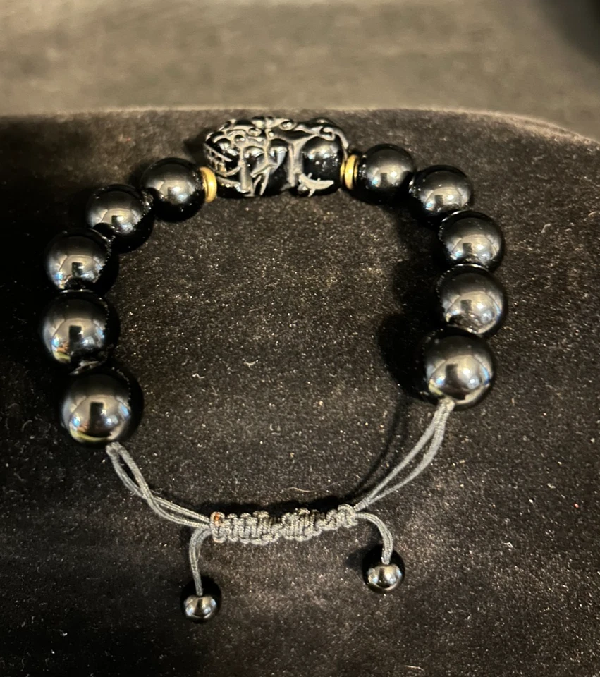 Pulseira de Obsidiana Preta Masculina XlyCjkb, Feng Shui Riqueza Lucky Pixiu Pulseira Aj - Imagem 3 de 4