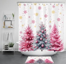 Winter Gold Snowflake Pink Christmas Tree Shower Curtain Set for Bathroom Decor