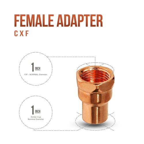 1" x 1" CxF Copper Female Adapter Sweat x FIP Thread Reducer Fitting