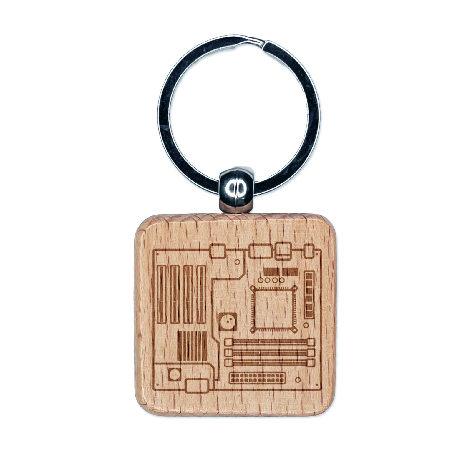 Computer Motherboard Circuit Board Engraved Wood Square Keychain Tag Charm
