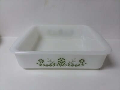 Jeanette White Milk Glass JEG15 Green Flowers 8'' SQUARE BAKER Glass Baking Pan