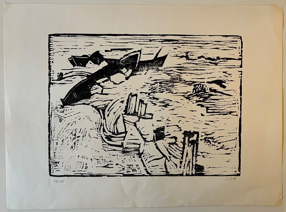 Holzschnitt Boote am Strand Ostsee Usedom Otto Niemeyer-Holstein 1896-1984 - Bild 2 von 4