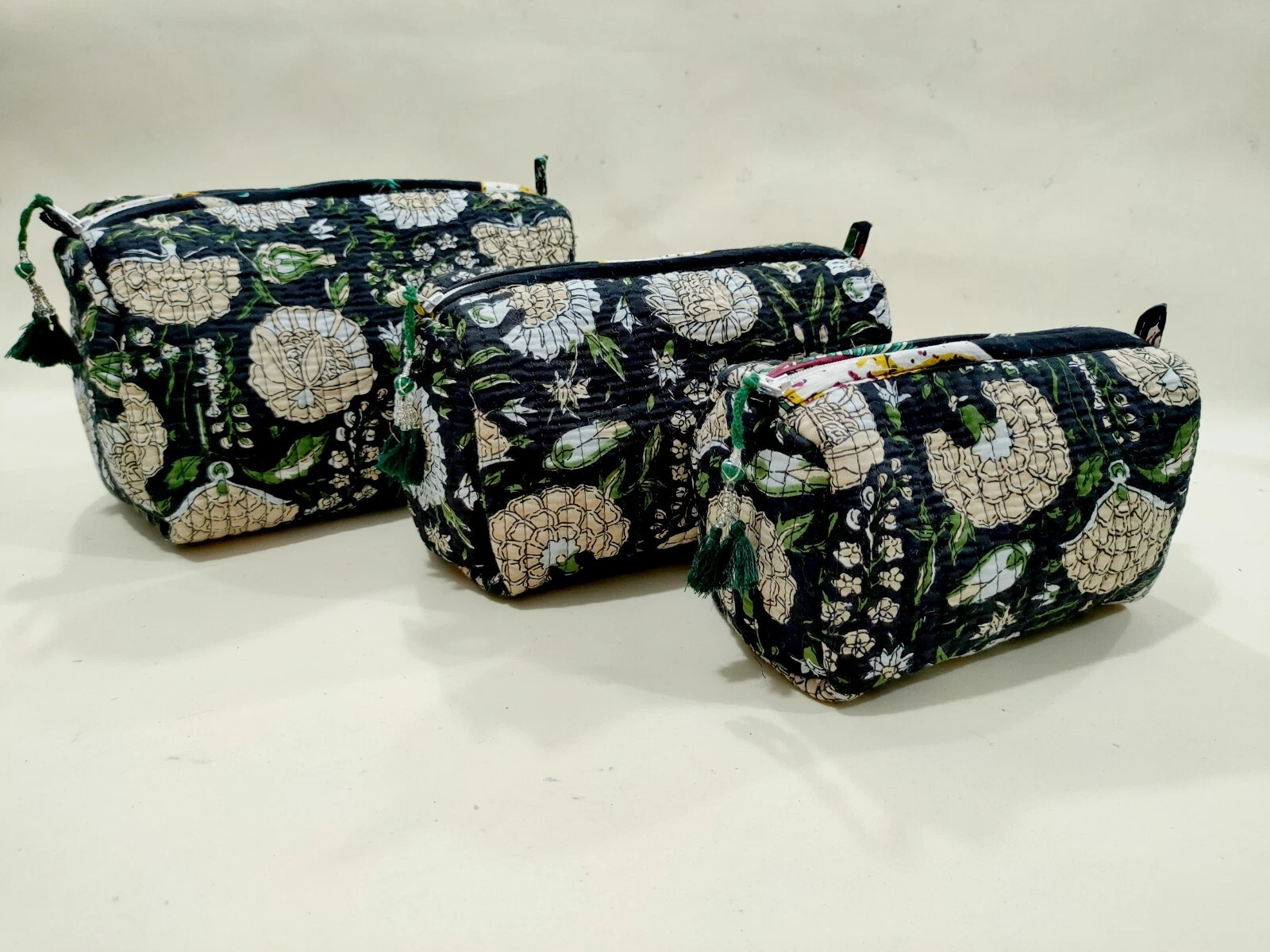 Black Floral Quilted Toiletry Bag Indian Cotton Unisex Makeup Bags 3 Pcs Set US