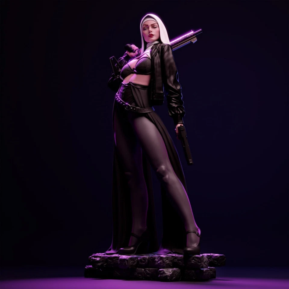 Nun with Gun - Sexy Femme Fatale 12K Quality Resin 3D Printed Figure | CA3D Fan - Image 3 of 4
