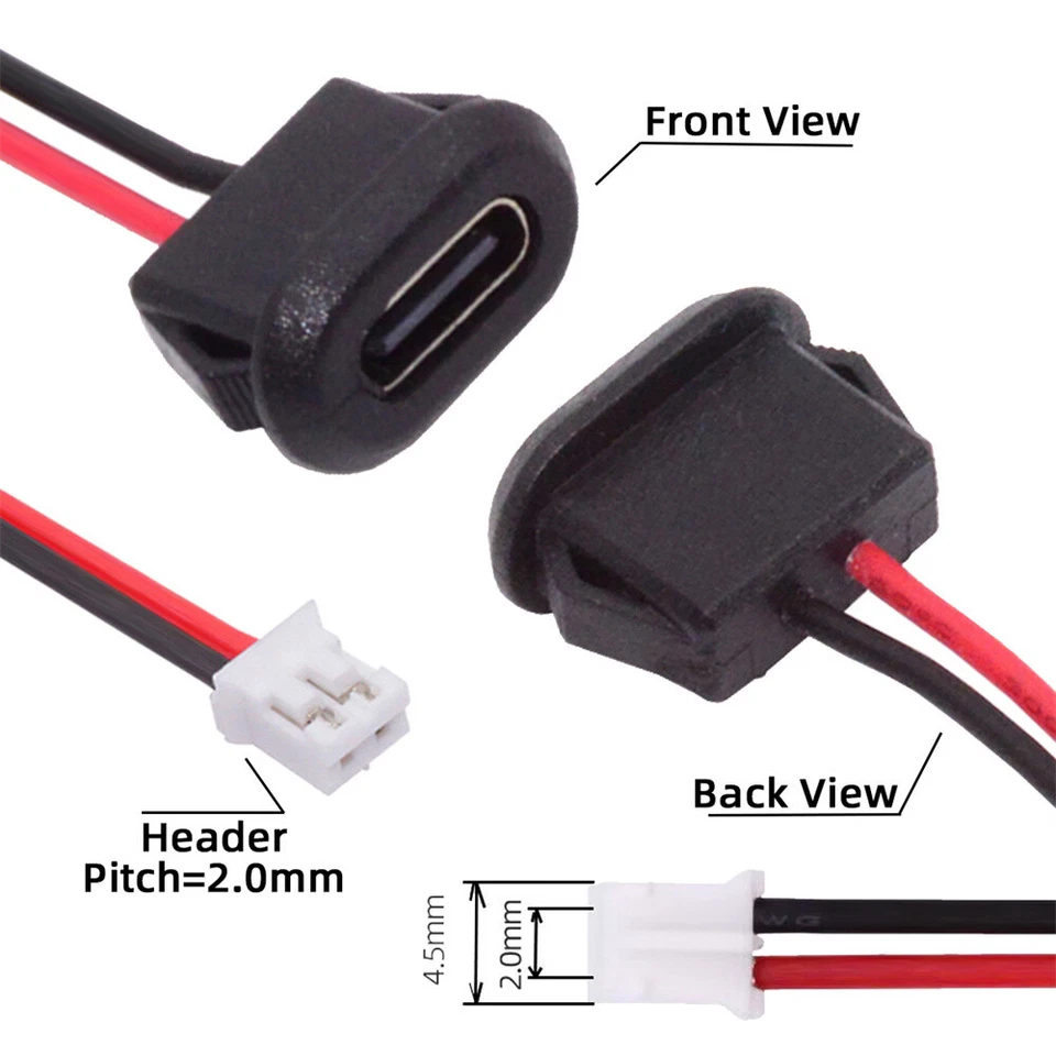 CY 5pcs Latch Mount Type Pitch=2.0mm Type C Female Socket to 2Pin DIY OEM Cable - Image 4 of 4