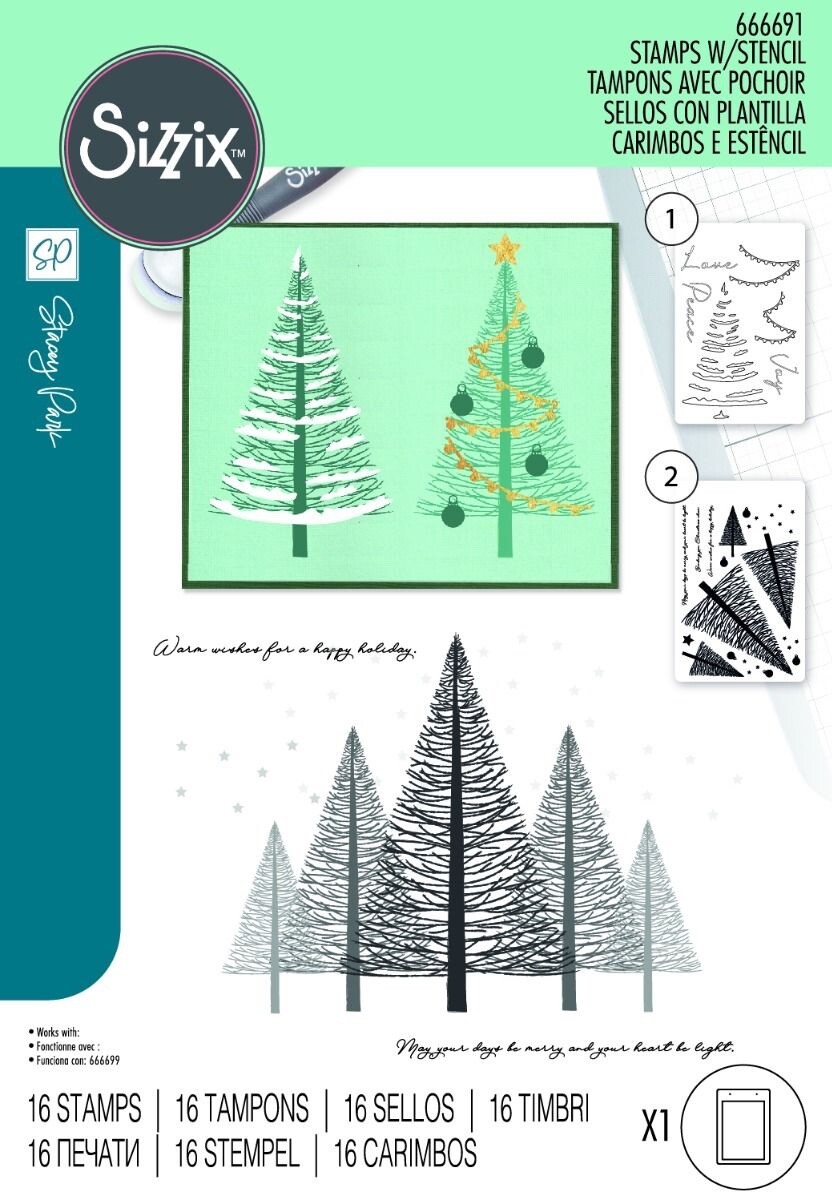 Sizzix Merry and Light Christmas Tree Stamp & Stencil Set Christmas Card Making