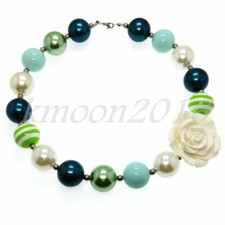 Fashion Women Green Chunky Beads Kids Bubblegum Gumball Necklace White Flower
