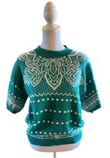 VIntage Beldoch Popper turquoise blue white Sweater Short Sleeve Women's L dots