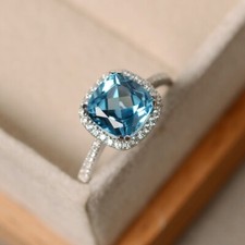 925 Sterling Silver Engagement Ring, Blue Topaz Ring, November Birthstone Ring