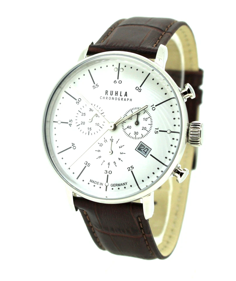Ruhla Herrenuhr Chronograph 91203 Edelstahl Quarz Bauhaus Stil Leder braun - Bild 2 von 4
