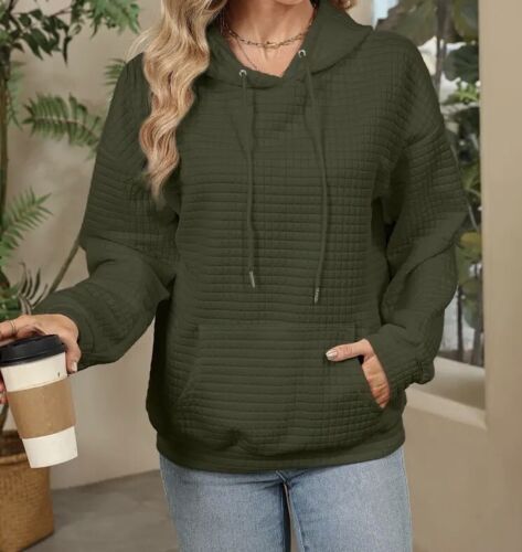 Women Hoodie Casual Long Sleeve Drawstring Waffle Tops Sweatshirt Pockets Fall