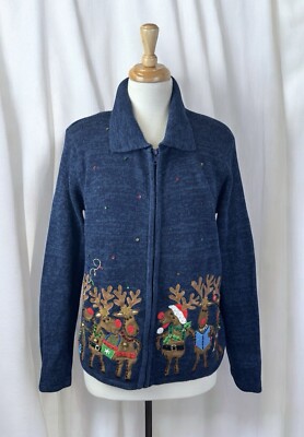 VTG Christmas Holiday Sweater Cardigan Zip Embroidered Sequin Party ...