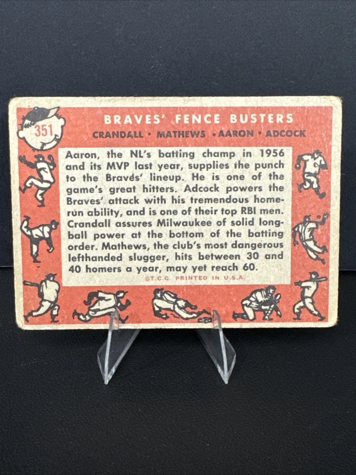 1958 Topps - Hank Aaron, Eddie Mathews, Joe Adcock #351 en muy buena condición Foto 2 de 4