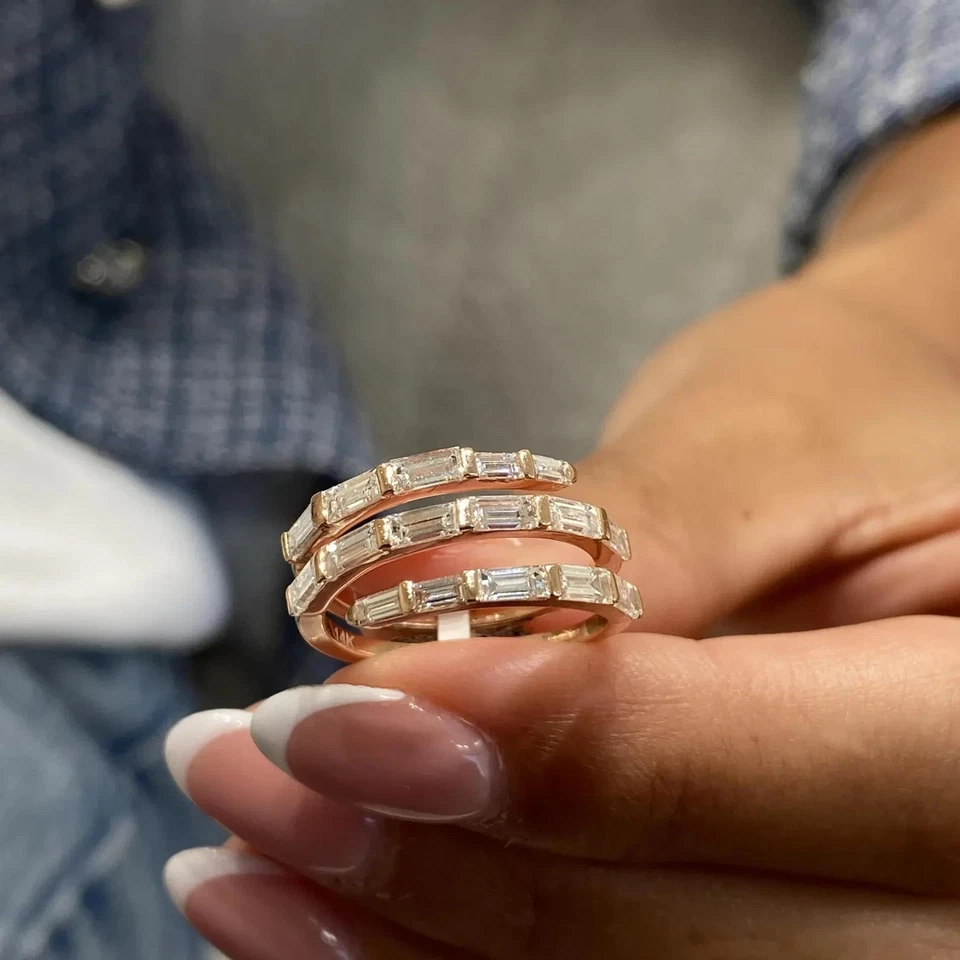 Verstellbarer Trio-Ehering 2 kt Baguette-Moissanit 14 kt Gelbgold vergoldet