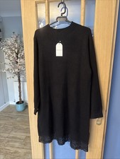 Monsoon Black Knitted Dress UK 18 Lace Sleeve Detail High Neck Jumper Dress