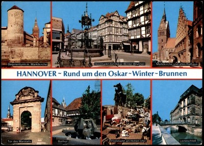Vintage Hannover Germany Multi-View Postcard Featuring Oskar-Winter-Brunnen