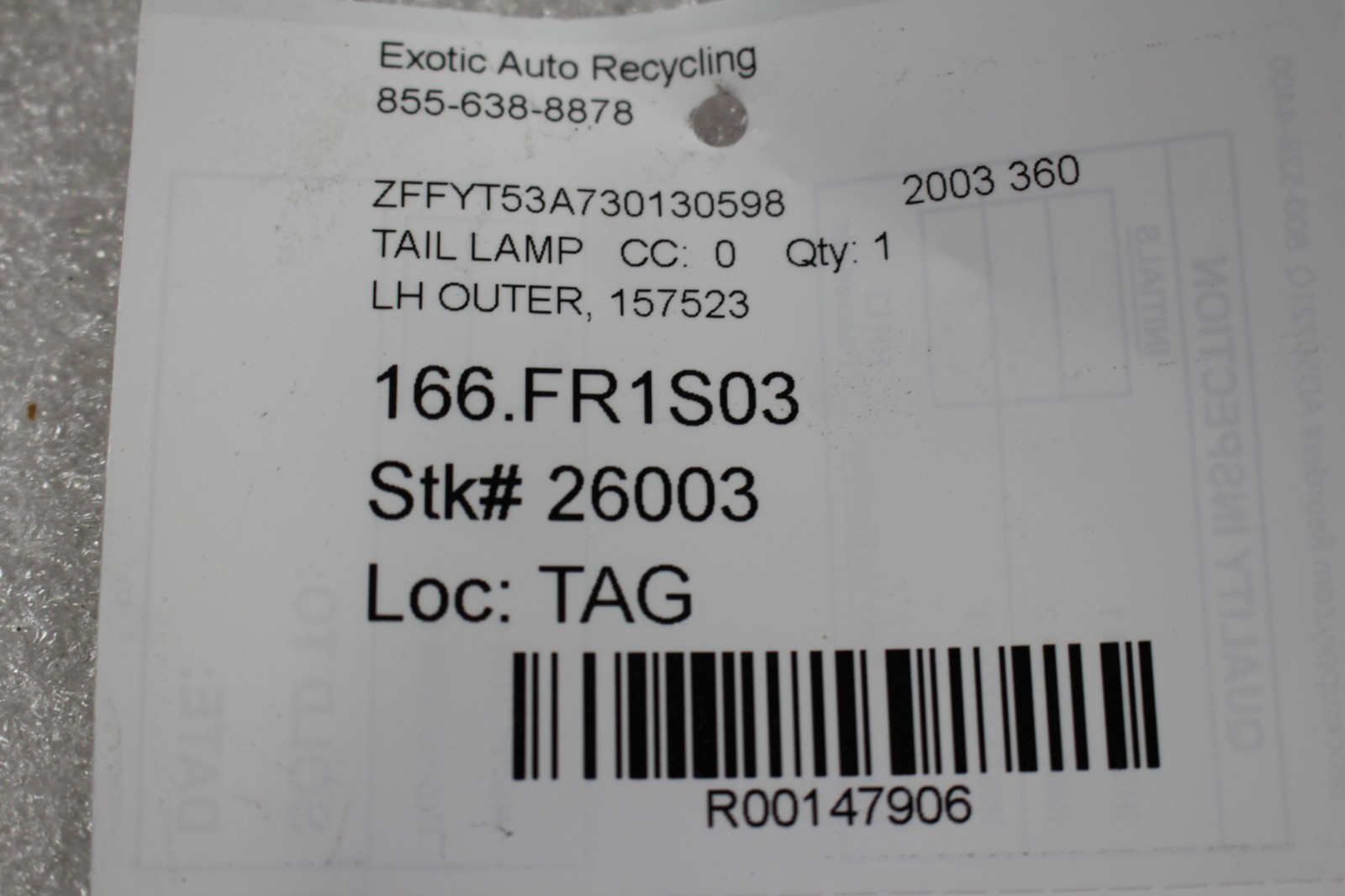 Ferrari F355 LEFT+OUTER Tail light P/N 157523