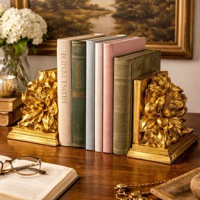 Vintage CBK Gold Floral Bookends Heavy Hollywood Regency 6x5 Set
