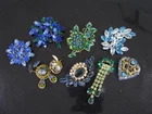 Group of 8 Vintage COSTUME JEWELRY RHINESTONE BROOCHES - BLUES & GREENS