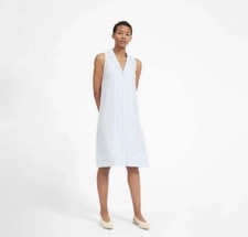 Everlane Linen Dress Sz 12 Striped Sleeveless Button Front Resortwear Blue White