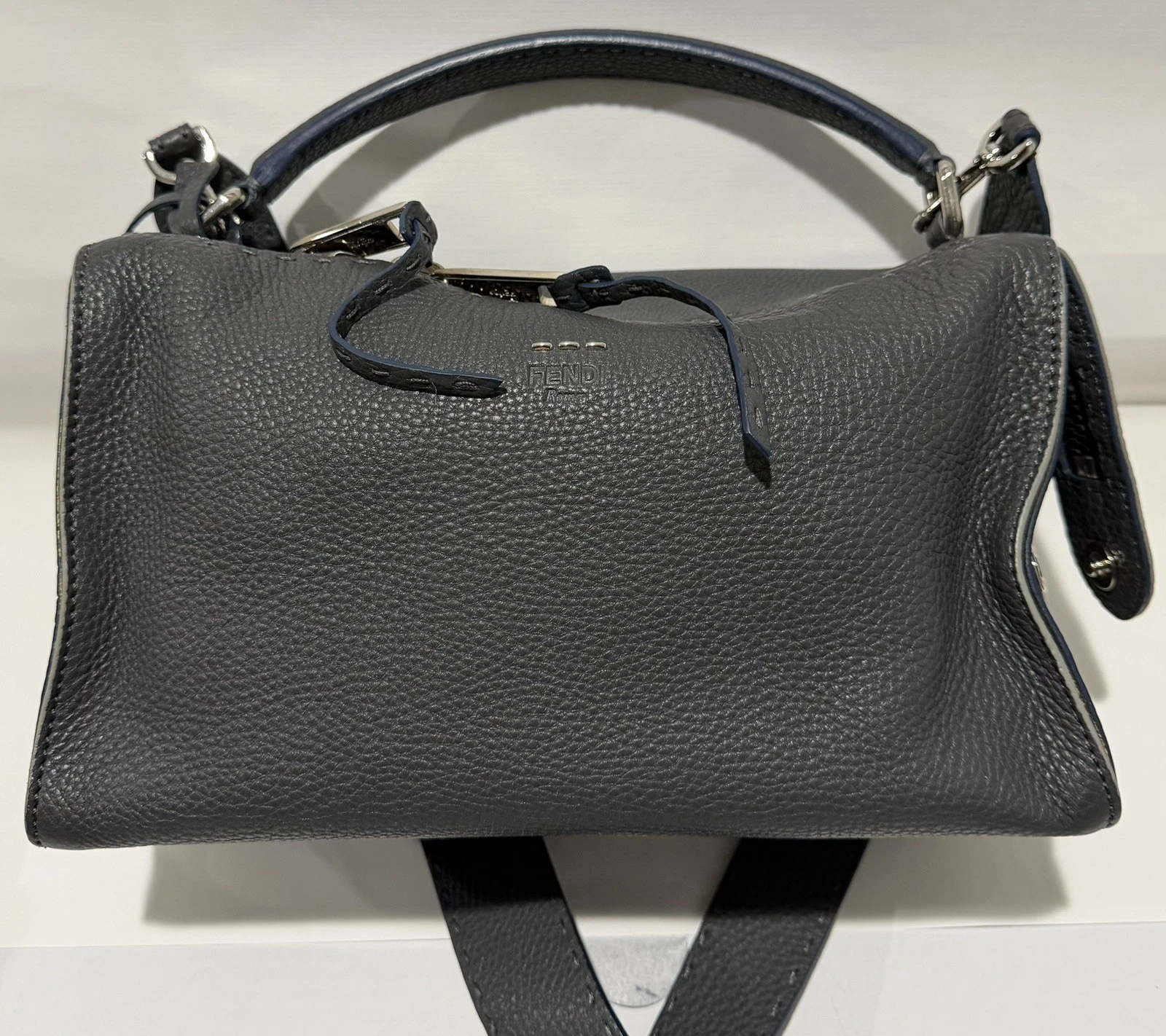 Fendi — Fendi Lei Selleria Leather Two Way Zip Boston Top Handle Purse Bag Dark Grey