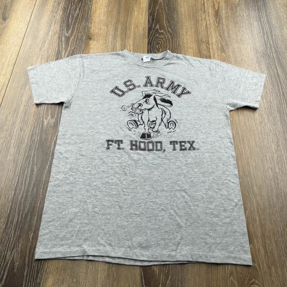 Camisa con capucha vintage del ejército de Estados Unidos para hombre M gris Texas burro soldado años 80 rayón camiseta de EE. UU. Foto 3 de 4