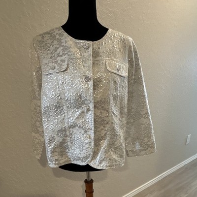 Ruby Rd. Women s Silver Metallic Floral Button-Front Pocket Jacket 3/4 Sleeve 16