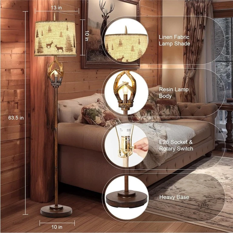 Lámpara de pie rústica con astas de granja acabado marrón luz nocturna pantalla redonda Foto 2 de 4