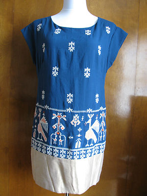 golden blue color dress Anthropologie women's embroidred lined 6 Baby Pink