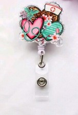 Nurse badge reel, 3 heart,leopard pattern