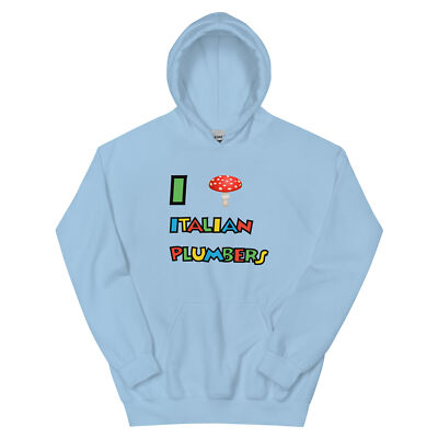 ''I Love (Mushroom) Italian Plumbers'' Unisex Hoodie Mario Amanita Agaric Gaming
