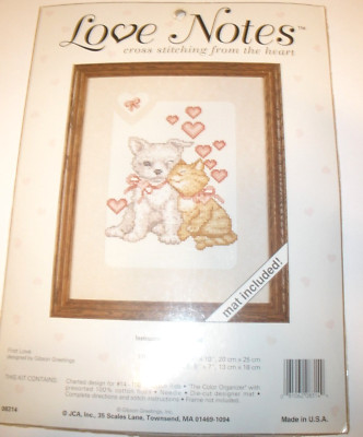 JCA Cat Kitten Dog Puppy FIRST LOVE 08314 LOVE NOTES CROSS STITCH KIT 8 X 10''