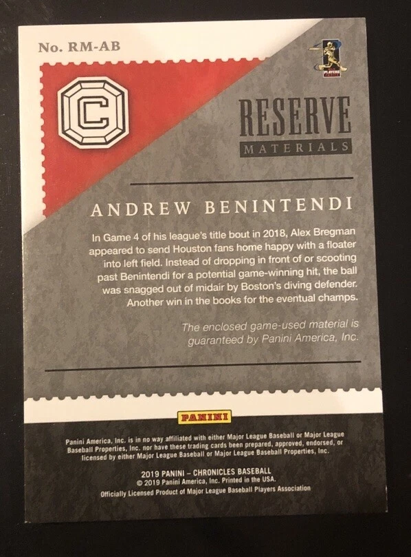 2019 Chronicles ANDREW BENINTENDI Reserve Materials GU Jersey #d 39/99! RED SOX - Image 2 of 2