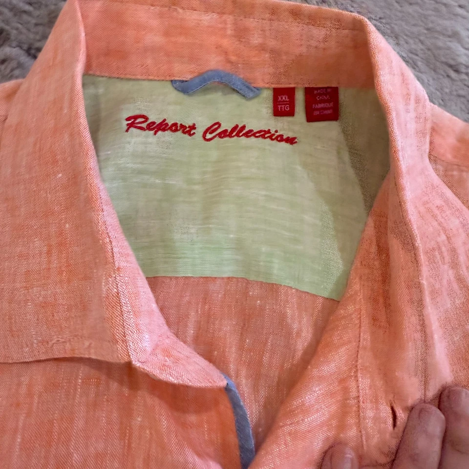Report Collection Men Linen Shirt XXL Orange Short Sleeve Button-Up Modern Beach - Image 2 of 4
