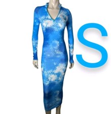 🆕Blue Tie Dye Print Design Long Sleeve Front Mini Zipper Maxi Dress~Size S