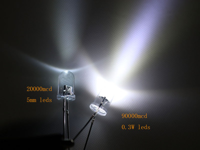 5mm highpower 0,3W LED weiss white 90000mcd leds, mit 0,5W chips, max 150mA