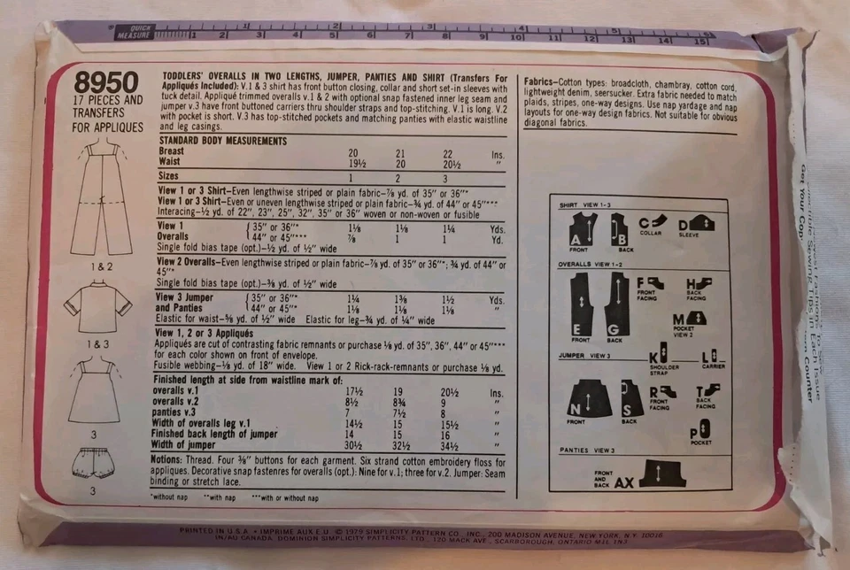 Simplicity Pattern 8950 Toddlers' Overalls Jumper Panties & Shirt Size 1 - Image 2 of 2