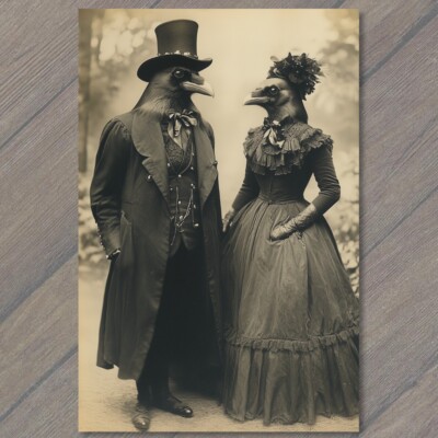 POSTCARD Victorian Crows Vintage Clothing Gothic Dark Couple Formal Wear Weird