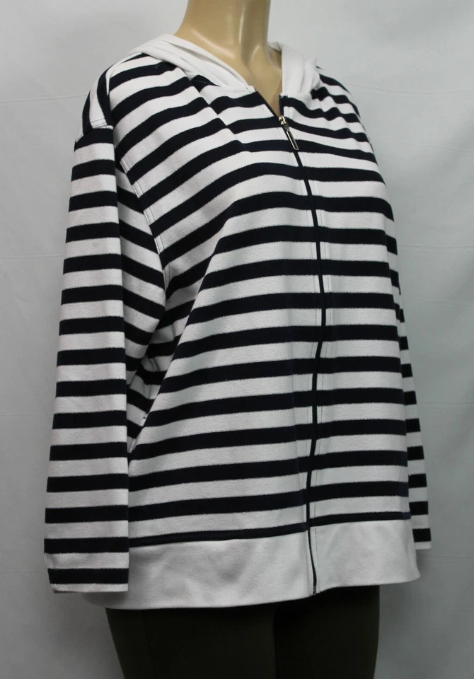 Suéter para mujer Dressbarn con capucha a rayas manga larga azul/blanco talla 14/16 Foto 4 de 4