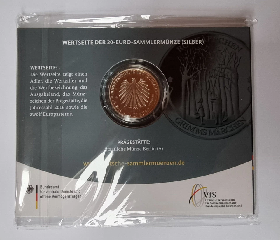 BRD 20 Euro 2016 A, PP, Rotkäppchen, in Blister, Top Erhaltung - Bild 2 von 2