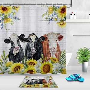 Watercolor Sunflowers Cows Heifer Farm Animals Shower Curtain Set Bathroom Decor Ebay