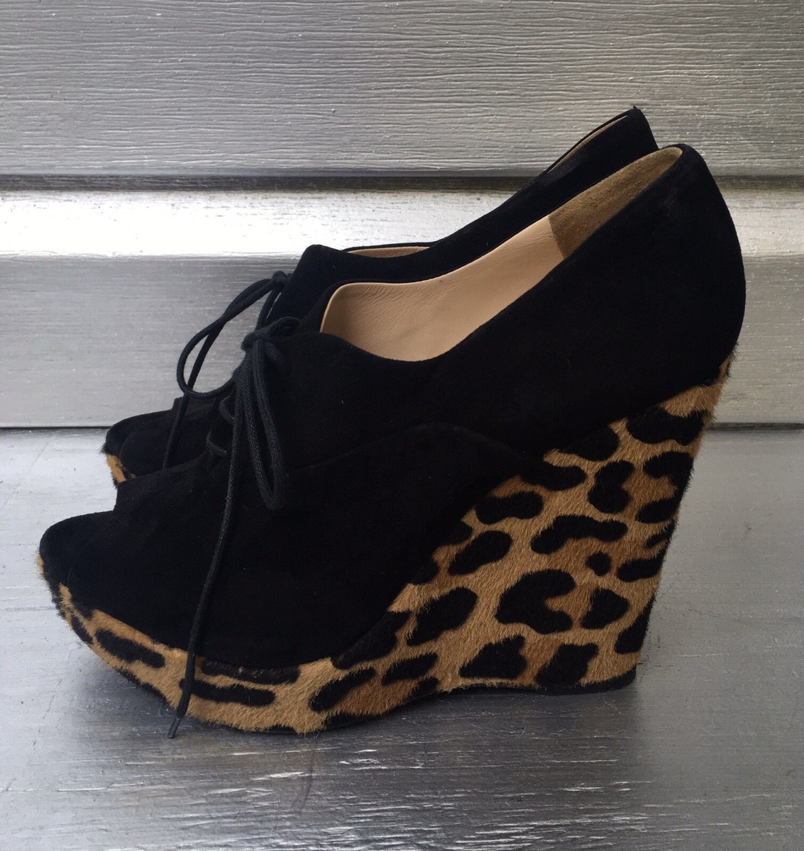 【関税&送料込み】Prada Pointed Leopard Cavallino Boots PRADA Black Suede Animal Cheetah Leopard Platform Wedge