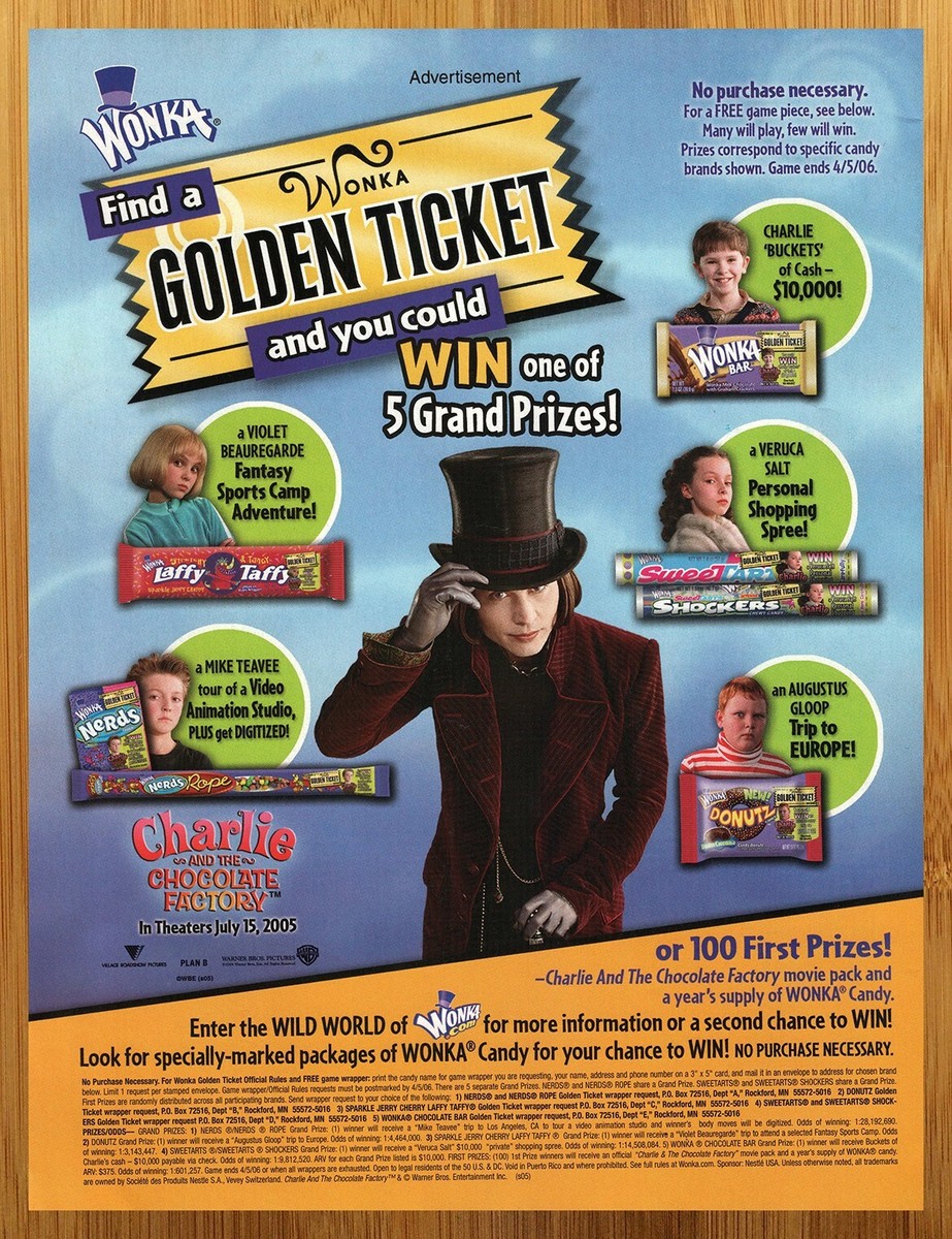 2005 Wonka Golden Ticket Print Ad/Poster Johnny Depp 00s Kids