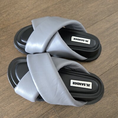 JIL SANDER SANDAL Grey Padded LEATHER CROSS Over STRAP SLIDE SHOES Size 39 New