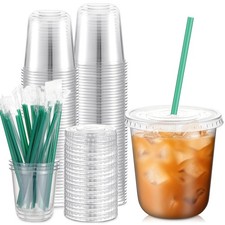 50 Sets Clear Plastic Cups with Lids and Straws Disposable Plastic Iced Coffe...