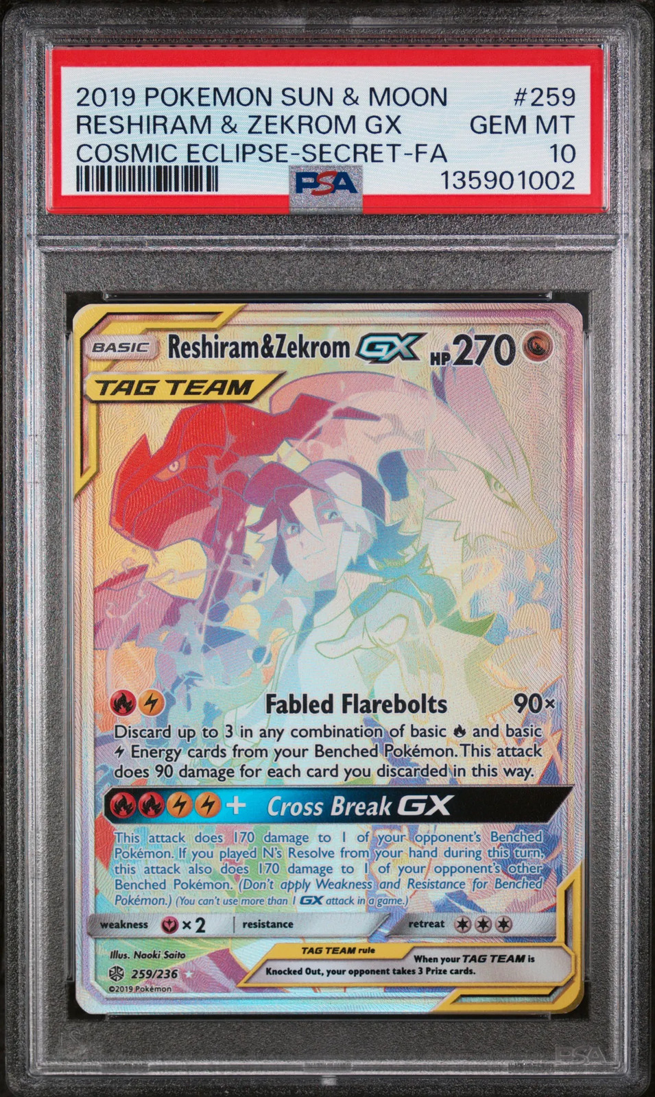 Reshiram & Zekrom GX #259 Pokemon Sun & Moon Cosmic Eclipse PSA 10