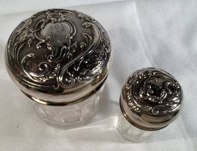 Antique Victorian Vanity Matching Silver Reposse Dresser Jars With Lids
