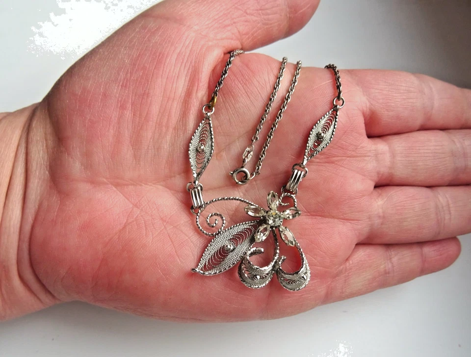 Kette / Collier 835 Silber Filigran Floral Brillant-Optik im Jugendstil 1950er - Bild 2 von 4